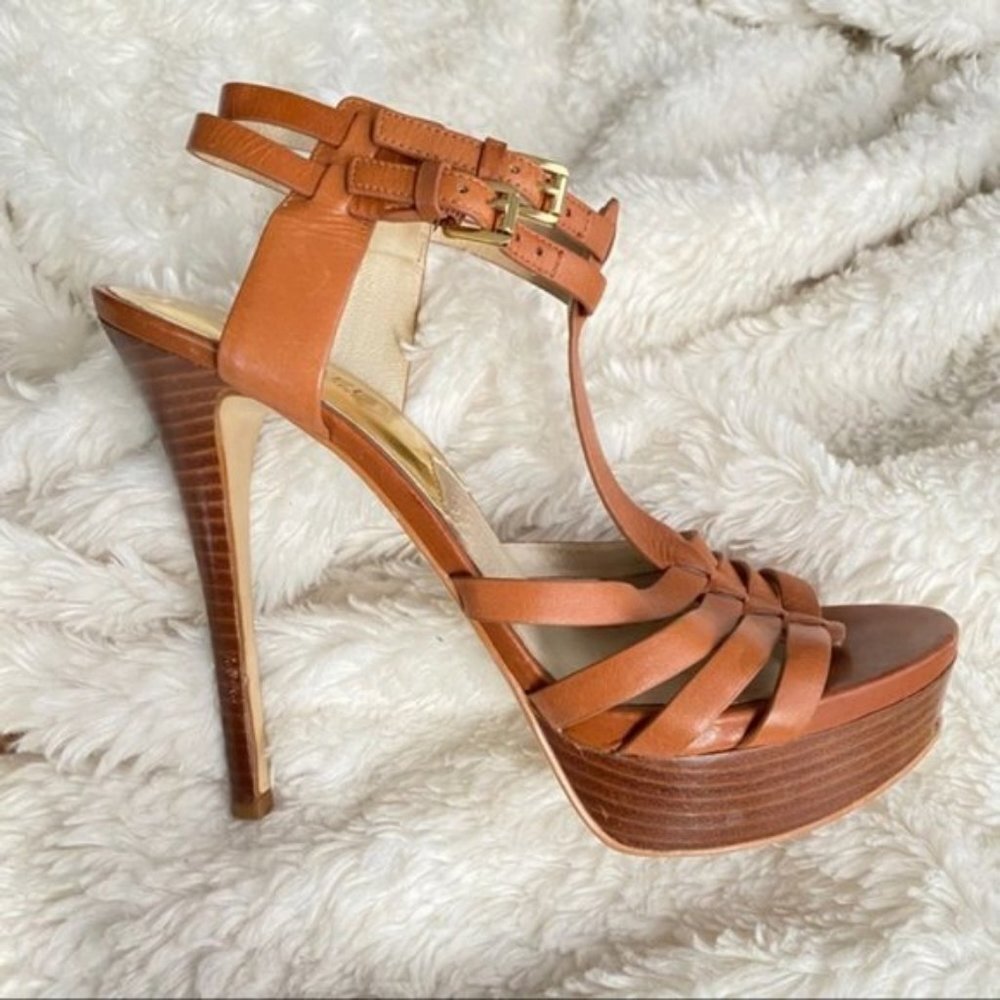 Michael Kors Tan Leather Platform Heels Strappy Sandals Size 10 - Picture 5 of 16
